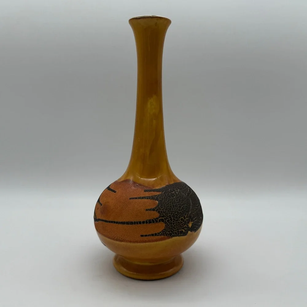 Vintage Studio Pottery Bud Vase Amber Lava Textured Mid Century Modern 10in